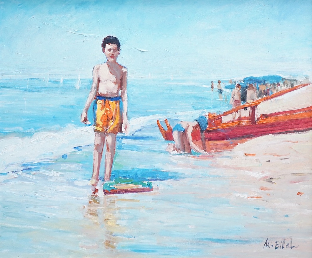 M. Bilah?, Study of children on a beach, signed, oil on canvas, 49 x 58cm